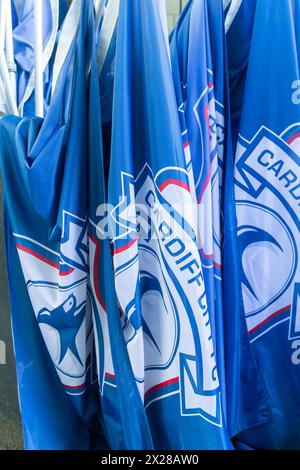 Cardiff, Royaume-Uni. 20 avril 2024. Cardiff City drapeaux pour les mascottes lors du match de championnat EFL Skybet, Cardiff City v Southampton au Cardiff City Stadium de Cardiff, au pays de Galles, samedi 20 avril 2024. Cette image ne peut être utilisée qu'à des fins éditoriales. Usage éditorial uniquement, photo par crédit : Andrew Orchard sports Photography/Alamy Live News Banque D'Images