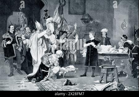 La légende du début des années 1900 se lit comme suit : « LES HONGROIS FONT DE MATTHIAS LEUR ROI. Après la mort du puissant Hunyadi, lui et sa famille ont été déclarés traîtres, et son fils aîné a été exécuté. À ce moment, le roi maléfique mourut, et les Hongrois, se levant pour défendre la mémoire de leur héros, firent de son fils cadet Matthias, un garçon de seize ans, leur roi. On le voit surpris par les nobles, au milieu de ses études. Son acceptation de leur offre était courageuse et immédiate, et il est devenu le roi le plus noble et le plus célèbre de Hongrie. Banque D'Images