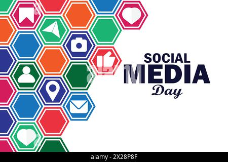 Journée des médias sociaux. Concept de vacances. Modèle pour fond, bannière, carte, affiche avec inscription de texte. Illustration vectorielle Illustration de Vecteur