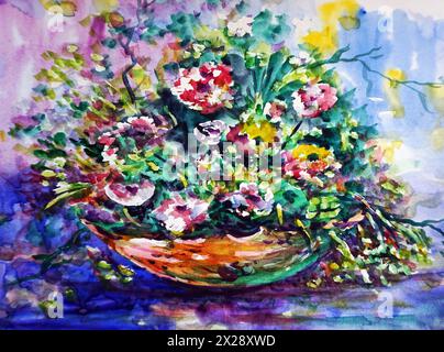 arrière-plans de couleur abstraite pour la fleur de peinture aquarelle d'art de conception dans le vase Banque D'Images