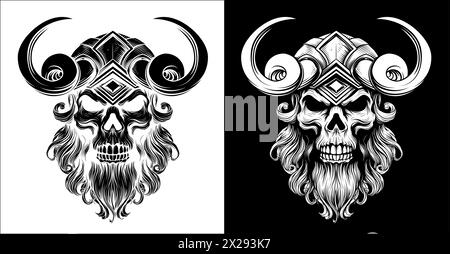 Viking Warrior Skull Man Mascot visage dans le casque Illustration de Vecteur