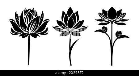 Lotus, ensemble silhouettes noires fleur de nénuphar. Illustration de Vecteur