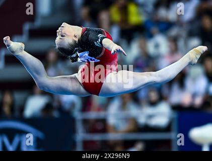 Doha, Qatar. 20 avril 2024. Laura Casabuena d'Espagne participe à la finale des exercices de sol féminins à la 16e Coupe du monde FIG Artistic Gymnastics Apparatus à Doha, Qatar, le 20 avril 2024. Crédit : Nikku/Xinhua/Alamy Live News Banque D'Images