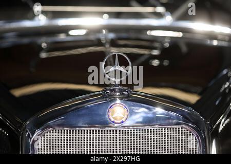 Bucarest, Roumanie - 21 avril 2024 : Détails avec la partie avant et l'emblème d'une voiture de luxe rétro Mercedes. Banque D'Images