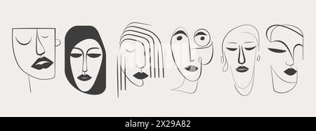 Grand ensemble de visages variés, formes abstraites. Style de peinture à l'encre. Illustrations vectorielles contemporaines dessinées à la main. Ligne continue, minimaliste élégant con Illustration de Vecteur
