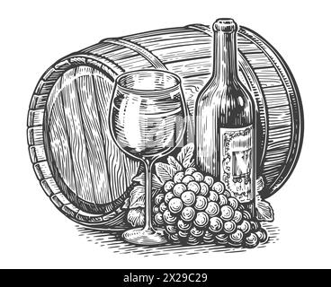 Bouteille de vin, verre de vin et tonneau en bois. Style de gravure d'illustration vectorielle d'esquisse vintage Illustration de Vecteur