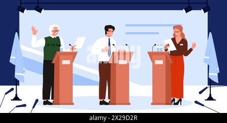 Débats politiques des dirigeants sur les podiums, la campagne électorale et la politique. Femmes et hommes politiques debout à des tribunes avec des microphones, conférenciers se réunissant pour discussion illustration vectorielle de dessin animé Illustration de Vecteur
