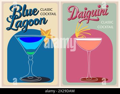 Ensemble de posters rétro pour cocktails. Blue Lagoon, Daiquiri. Illustration de Vecteur