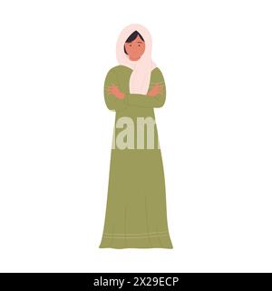 Femme d'affaires arabe debout avec les bras croisés, femme dans l'illustration vectorielle de robe musulmane traditionnelle Illustration de Vecteur