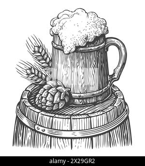 Tasse en bois de bière à l'encre style dessiné à la main. Esquisse d'illustration vectorielle isolée sur blanc Illustration de Vecteur