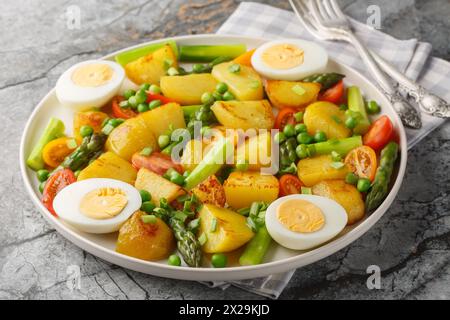 Délicieuse salade de pommes de terre, asperges, tomates cerises, œufs et petits pois en gros plan dans une assiette sur la table. Horizontal Banque D'Images