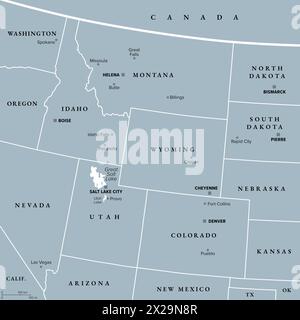 Région des montagnes Rocheuses des États-Unis, carte politique grise. Rocky Mountains, Rocheuses pour faire court, divisent l'ouest des États-Unis des grandes Plaines. Banque D'Images