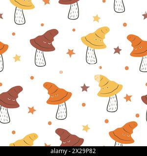 Champignons mignons avec des yeux motif sans couture. Imprimé drôle Illustration de Vecteur