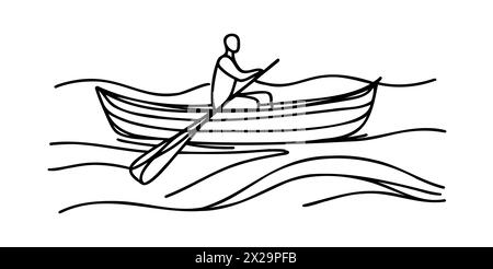 Homme naviguant sur un bateau kayak un croquis de ligne sur fond blanc. Illustration de Vecteur