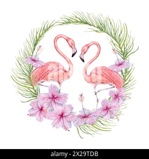 Deux oiseaux flamants roses avec fleurs d'hibiscus et branches de palmier composition d'aquarelle. Illustration dessinée à la main isolée sur fond blanc Banque D'Images