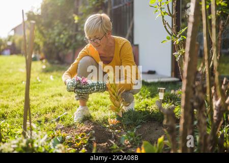 Heureuse femme âgée jardinant dans sa cour. Elle plante une fleur. Banque D'Images