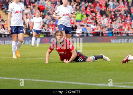 Leigh, Royaume-Uni. 21 avril 2024. Leigh, Angleterre, 21 avril 2024 : Rachel Williams (28 Manchester United) manque une chance d'égaliser pour Manchester lors du match de Super League FA Womens entre Manchester United et Tottenham Hotspurs au Leigh Sports Village (Promediapix/SPP) crédit : SPP Sport Press photo. /Alamy Live News Banque D'Images
