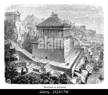 Cette image représente le mausolée de Halicarnasse, l'une des sept merveilles du monde antique, située dans l'actuel Bodrum, en Turquie. Le mausolée est représenté avec ses reliefs complexes et sa structure colossale, mettant en valeur la grandeur et l'innovation architecturale de la période hellénistique classique. L'œuvre d'art capture la majesté de la tombe construite pour Mausolus, un satrape persan, soulignant son importance en tant que merveille historique et artistique. Banque D'Images