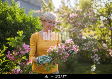 Heureuse femme âgée aime regarder les fleurs dans son jardin. Banque D'Images