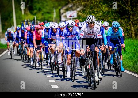 Liège, Belgique. 21 avril 2024. Le peloton de coureurs photographié en action lors de la course d'élite masculine de l'épreuve cycliste Liège-Bastogne-Liège d'une journée, 254, à 5 km de Liège, de Bastogne à Liège, dimanche 21 avril 2024. BELGA PHOTO DIRK WAEM crédit : Belga News Agency/Alamy Live News Banque D'Images