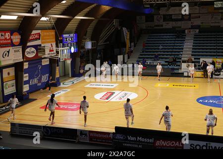 Malines, Belgique. 21 avril 2024. L'image d'illustration montre l'échauffement de Kangoeroes Malines lors d'un match de basket féminin entre Kangoeroes Malines et Royal Castors Braine, deuxième match de la saison 2023 - 2024 première Ligue nationale Play offs, dimanche 24 avril 2024 à Malines, Belgique . Crédit : Sportpix/Alamy Live News Banque D'Images