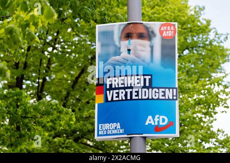 2024-04-21, Berlin, Europawahl, vom 6. bis 9. Juni 2024 wählen die Bürgerinnen und Bürger der Europäischen Union eu zum zehnten mal das Europäische Parlament. Dans Deutschland wird am Sonntag, 9. Juni 2024 gewählt.Ein Plakat der Partei AFD *** 2024 04 21,Berlin,Elections européennes,du 6 au 9 juin 2024, les citoyens de l'Union européenne éliront le Parlement européen pour la dixième fois en Allemagne, des élections auront lieu le dimanche 9 juin 2024 Une affiche du parti AFD Banque D'Images