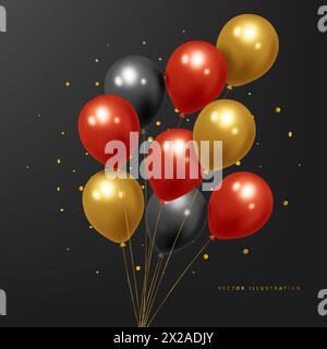 Ballons réalistes festifs. Conception de célébration avec des ballons noirs, rouges et dorés. Illustration vectorielle 3D. Illustration de Vecteur