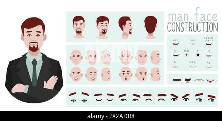 Création d'avatar homme d'affaires adapté à l'animation. Générateur, constructeur de diverses vues des yeux, des lèvres, des expressions d'émotion animation buccale et Li Illustration de Vecteur