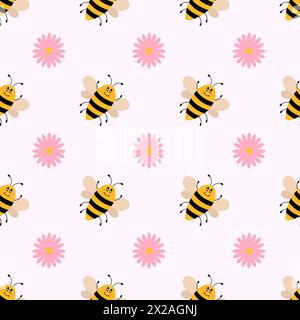 Motif sans couture de dessin animé mignon vecteur avec des abeilles et des fleurs roses. Fond drôle d'abeilles. Illustration vectorielle plate. Illustration de Vecteur