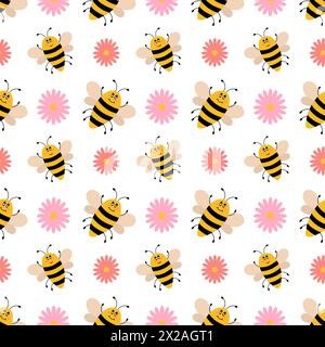 Motif sans couture de dessin animé mignon vecteur avec des abeilles et des fleurs. Fond drôle d'abeilles. Illustration vectorielle plate. Illustration de Vecteur