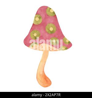 Champignon magique psychédélique hippie dans le style des années 70. Vintage groovy Toadstool clipart nostalgique. Illustration funky fungus de conte de fées aquarelle pour l'impression, autocollants trippy, flyers, t-shirts indie, étiquettes Banque D'Images