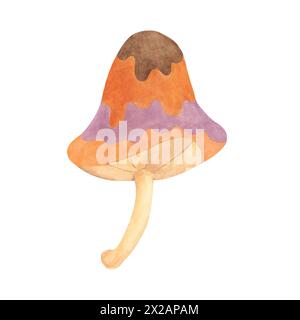 Champignon magique psychédélique hippie dans le style des années 70. Vintage groovy Toadstool clipart nostalgique. Illustration funky fungus de conte de fées aquarelle pour l'impression, autocollants trippy, flyers, t-shirts indie, étiquettes Banque D'Images