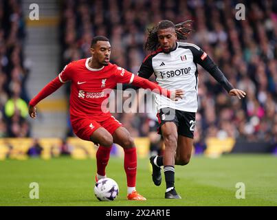 Ryan Gravenberch de Liverpool en action contre Alex Iwobi de Fulham lors du match de premier League à Craven Cottage, Londres. Date de la photo : dimanche 21 avril 2024. Banque D'Images