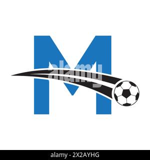Logo Football sur la lettre M concept avec symbole Football en mouvement. Panneau de football Illustration de Vecteur