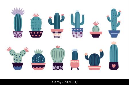 Ensemble de cactus en fleurs, succulentes en pots. Mignon cactus de dessin animé. Style griffon, design plat. Scandinave, style boho. Illustration vectorielle. Plante exotique et tropicale, décoration intérieure Illustration de Vecteur