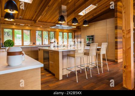 Buffet en bois de bambou et îlot avec comptoirs en quartz blanc et chaises hautes en osier, armoires dans la cuisine avec plancher en bois IPE plus style industriel noir Banque D'Images