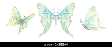 Papillons flottants. Ensemble d'insectes tropicaux aquarelles abstraites. Illustration dessinée à la main. Eléments décoratifs pour le design art déco. Banque D'Images