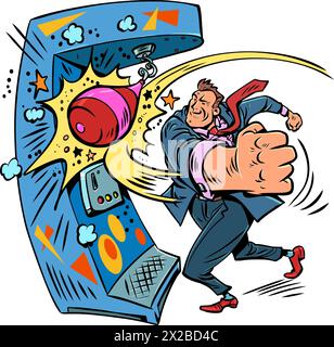 Un homme en costume frappe une machine à sous avec une poire. Abattre vos concurrents. Un grand coup porté à votre entreprise. Bande dessinée pop art rétro vecteur illus Illustration de Vecteur