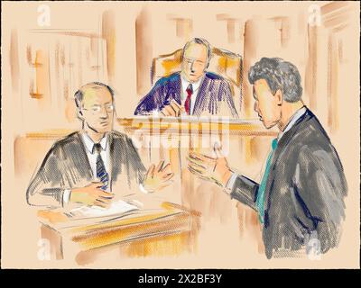 Crayon pastel et croquis à l'encre illustration d'un procès en salle d'audience avec juge, avocat, défendeur, demandeur, témoin et jury sur une affaire en cour Banque D'Images