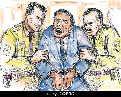 Crayon pastel et croquis à l'encre illustration d'un accusé agité sorti d'un procès en salle d'audience par un policier au tribunal. Banque D'Images