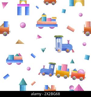 Kid camion en bois, voiture, train, château fait de briques de construction. Blocs pour enfants pour jouer. Illustration peinte à la main pour l'impression d'enfants Banque D'Images
