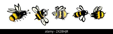 Ensemble de jolies abeilles drôles. dessin d'enfant . dessin à la main. Pas IA. Illustration vectorielle Illustration de Vecteur