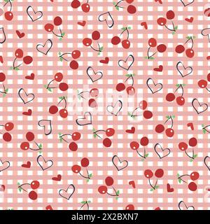 Cerises avec motif à carreaux Vichy imprimé coeurs en tissu sans couture Illustration de Vecteur