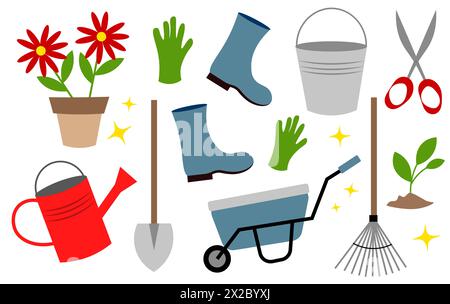 Outils de jardin sur un fond blanc. Pelle, râteau, bottes, gants, arrosoir, seau, ciseaux, fleurs Illustration de Vecteur