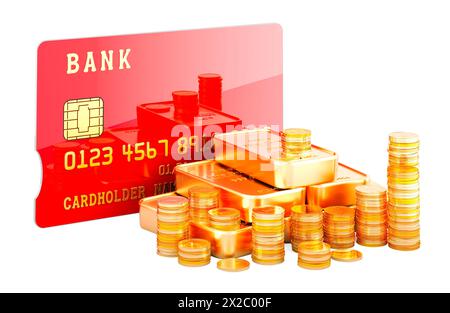 Carte bancaire de crédit avec lingots d'or et pièces d'or, rendu 3D isolé sur fond blanc Banque D'Images