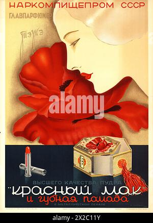 Max Litvak - coquelicot rouge. Poudre et rouge à lèvres de la plus haute qualité dans un étui en métal - affiche publicitaire pour Red Poppy Cosmetics Banque D'Images