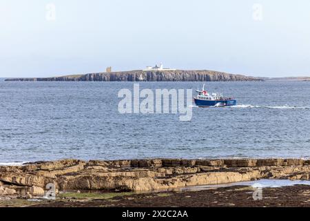 Un bateau touristique se dirige vers les îles Farne, au large du Northumberland Banque D'Images