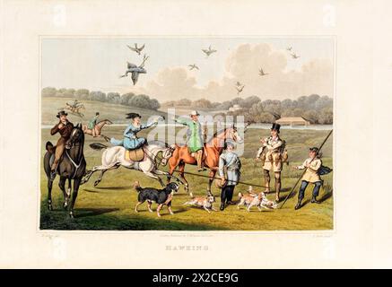 Illustration vintage d'une scène de chasse avec messieurs et dames sur des chevaux, des chiens et des oiseaux en vol. Litho vers 1820 Henry Thomas Alken, Banque D'Images