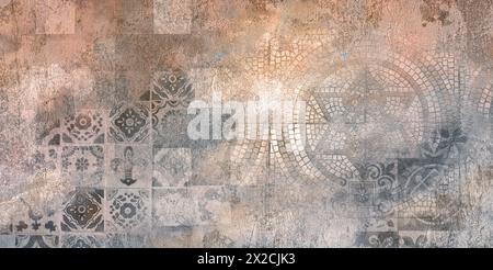 Vieux brun gris rouillé vintage usé géométrique Shabby mosaïque ornée patchwork motif porcelaine carreaux de grès pierre béton béton mur texture backgrou Banque D'Images