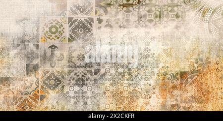 Vieux brun gris rouillé vintage usé géométrique Shabby mosaïque ornée de patchwork motif porcelaine carreaux de grès cérame pierre béton texture murale Banque D'Images